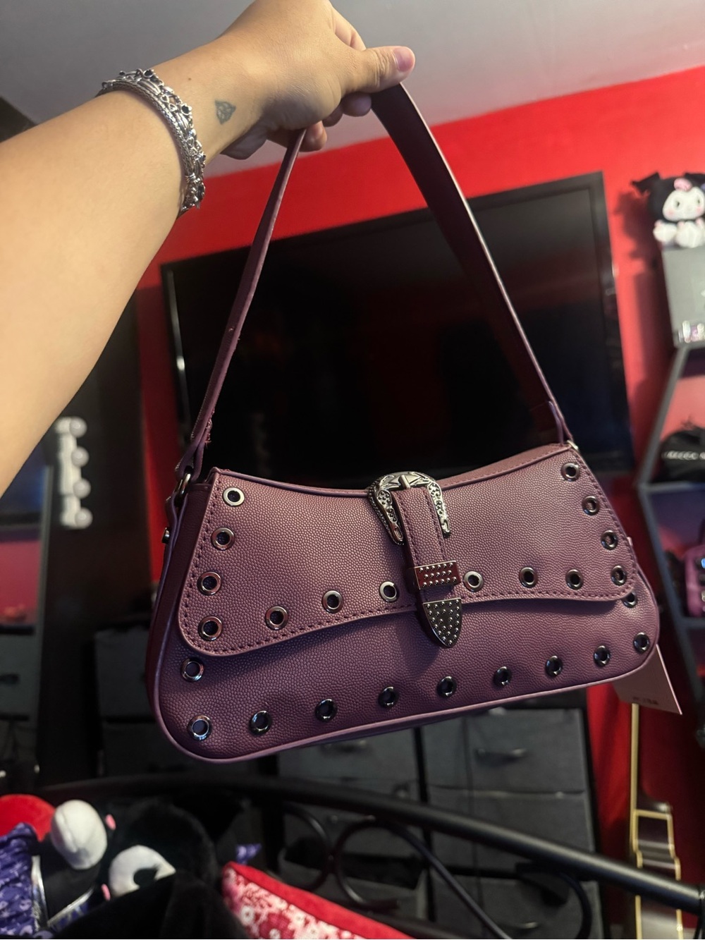 Betsey Johnson burgundy belted/ Studded Shoulder Bag